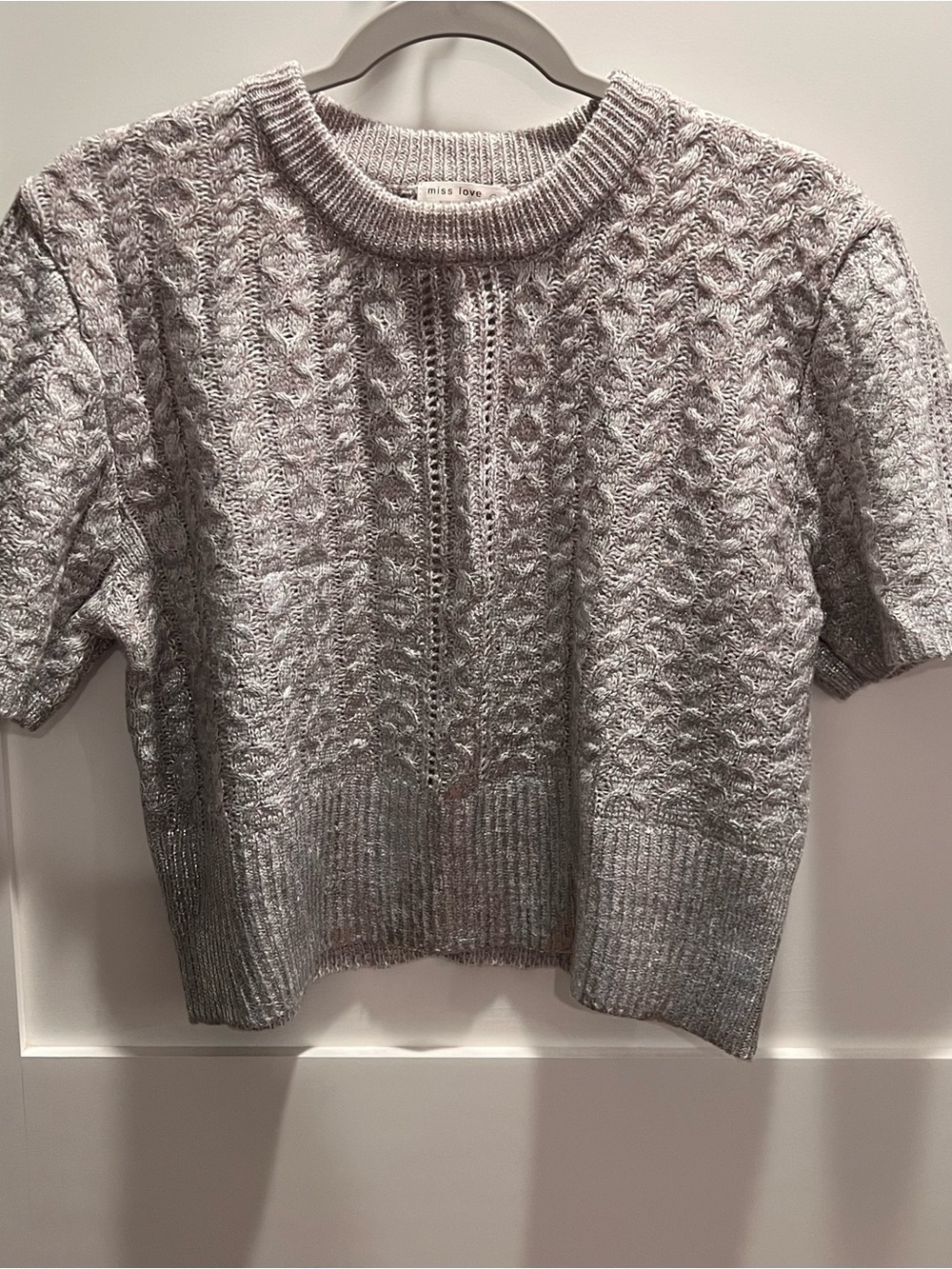 Miss I Love Silver Cable-Knit Short Sleeve Crewneck Sweater